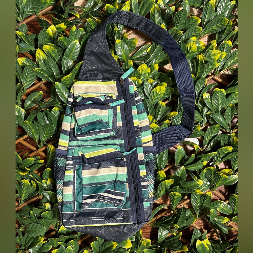Thirty-One Crossbody One Shoulder Backpack Navy Blue Green Stripes